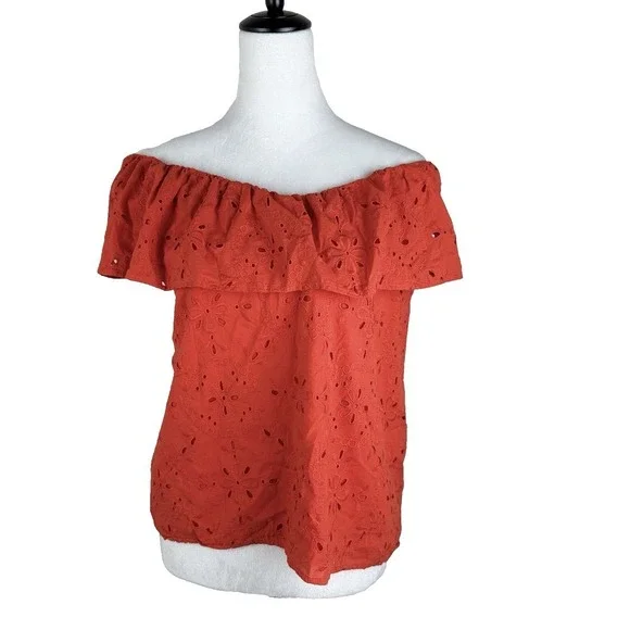 Ann Taylor Top Women Extra Large Orange Eyelet Lace Off Shoulder Sleeveless Crop - Picture 3 of 9